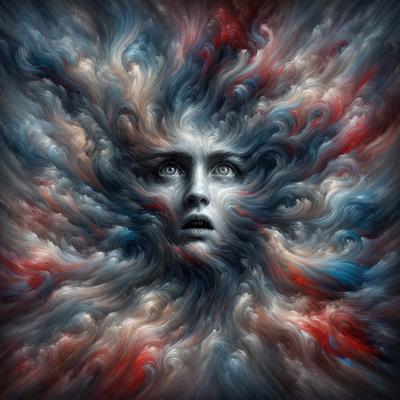 The primary subject of the image is a woman's face, which is the main focus of the scene. The setting is a cloudy sky, and the visual style is a combination of digital art and illustration. The colors in the image are predominantly red, blue, and white, creating a dramatic and moody atmosphere.